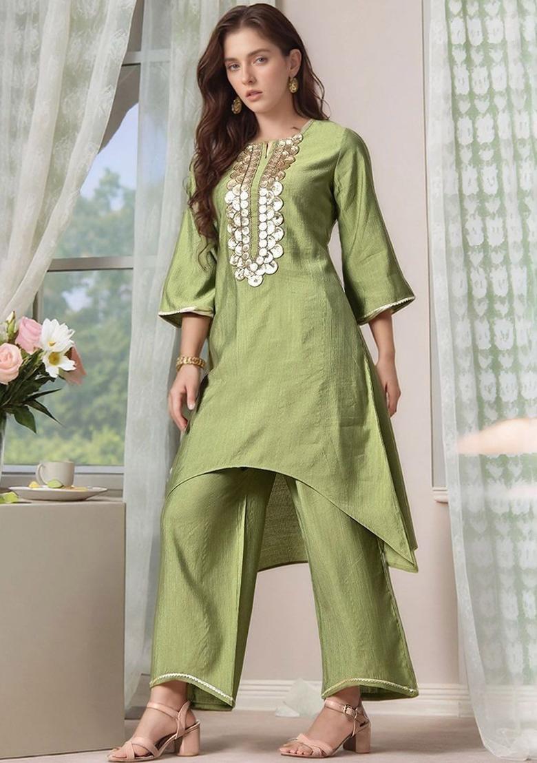 Olive Yoke Design Silk Kurta Set - Indya