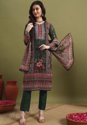 Green Printed Polyester Kurta Set