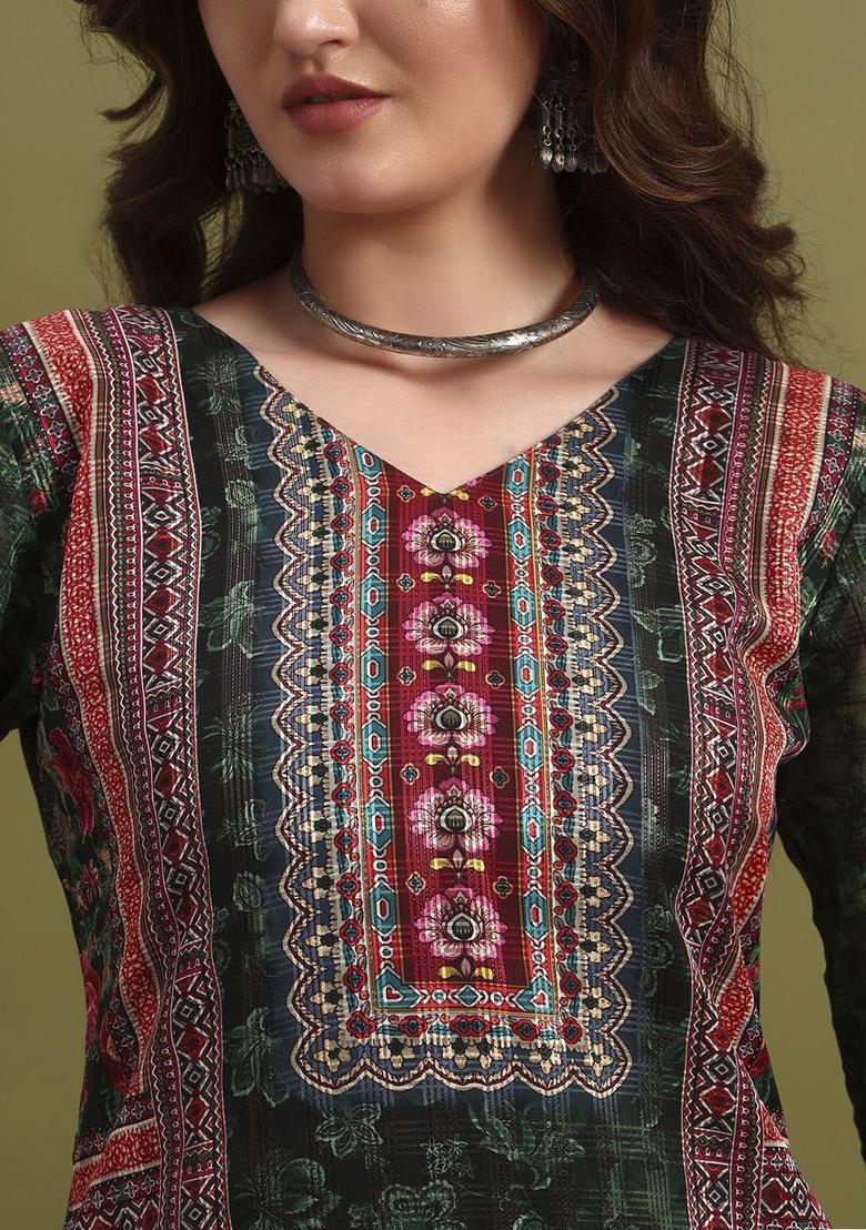 Green Printed Polyester Kurta Set - Indya