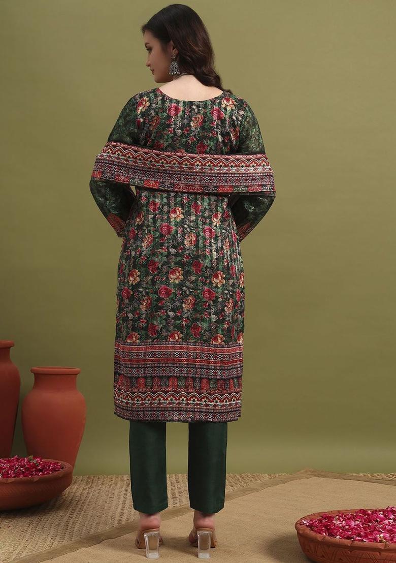 Green Printed Polyester Kurta Set - Indya