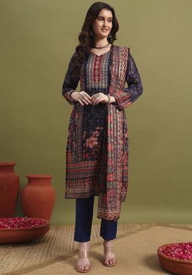 Blue Printed Polyester Kurta Set