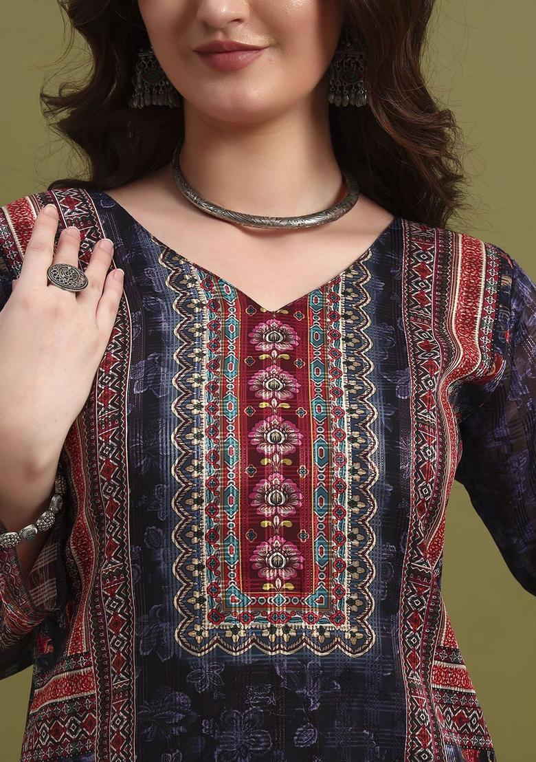 Blue Printed Polyester Kurta Set - Indya