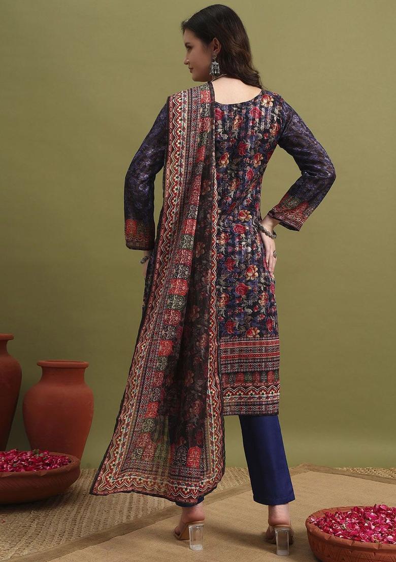 Blue Printed Polyester Kurta Set - Indya