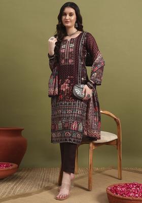 Maroon Printed Polyester Kurta Set