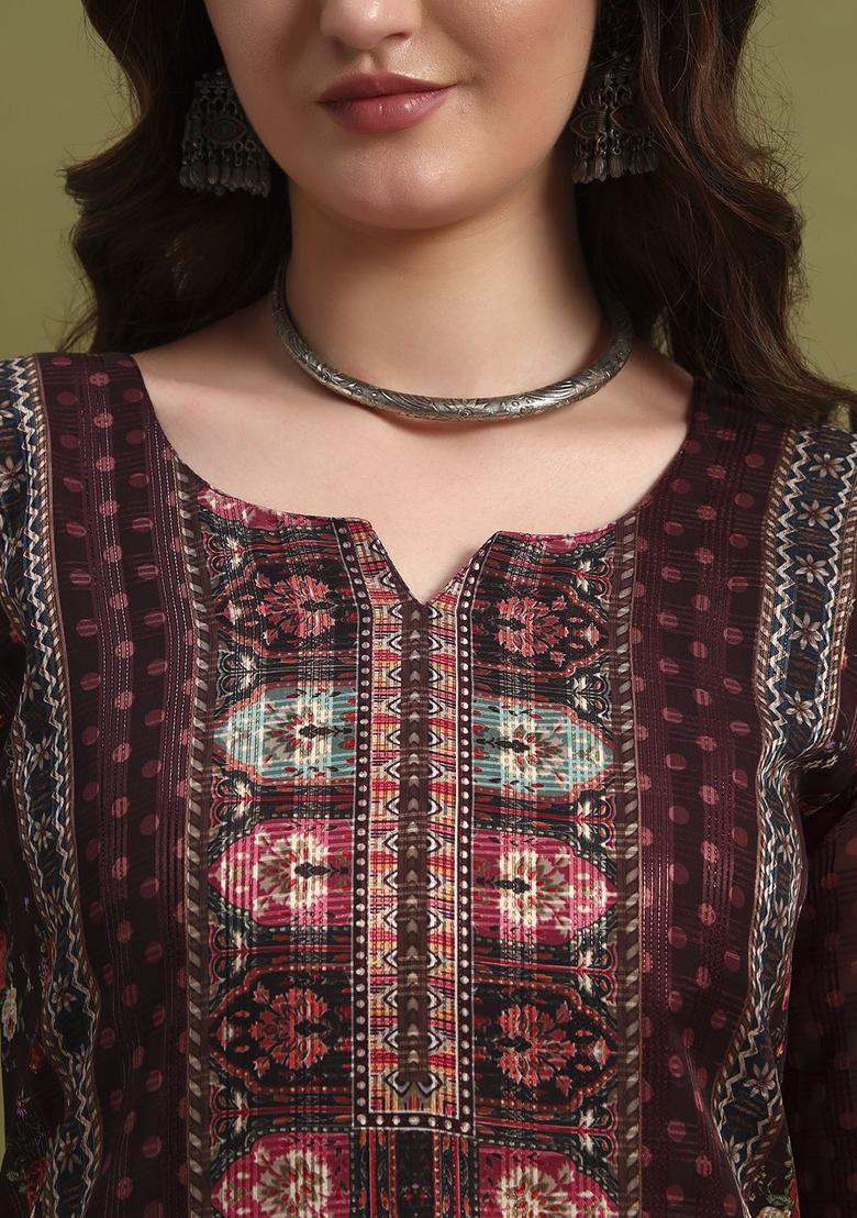 Maroon Printed Polyester Kurta Set - Indya