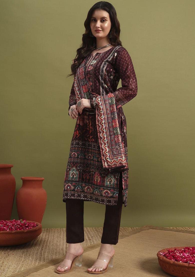 Maroon Printed Polyester Kurta Set - Indya