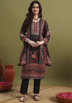 Black Printed Polyester Kurta Set