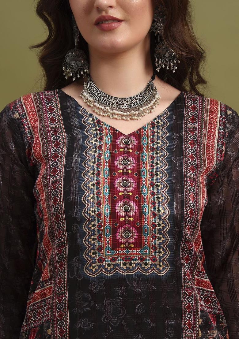 Black Printed Polyester Kurta Set - Indya