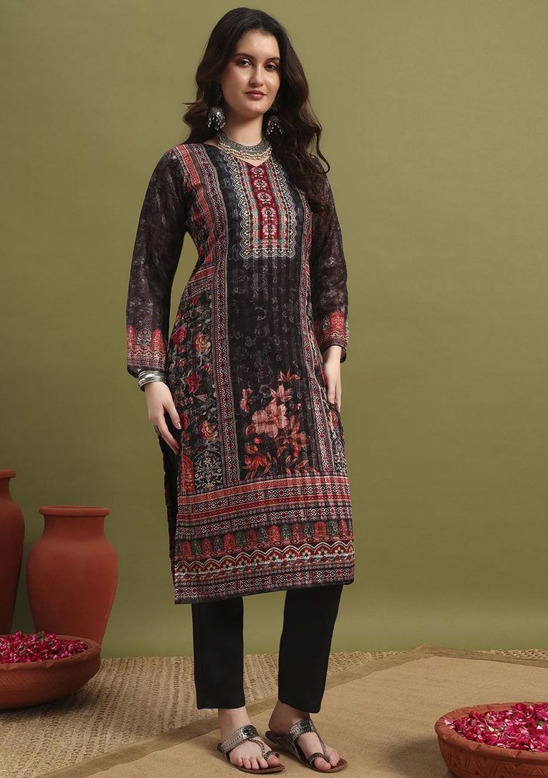 Black Printed Polyester Kurta Set - Indya