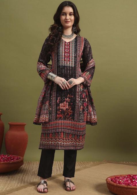 Black Printed Polyester Kurta Set