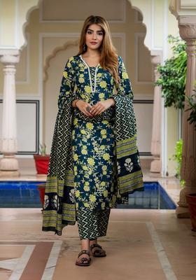 Teal Printed Cotton Kurta Set