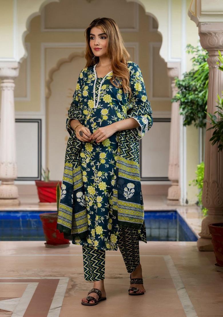 Teal Printed Cotton Kurta Set - Indya