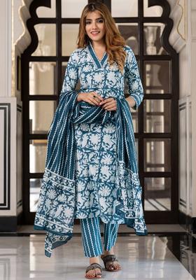 Teal Printed Cotton Kurta Set