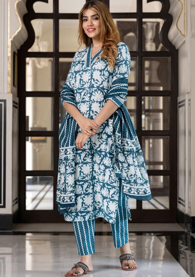 Teal Printed Cotton Kurta Set - Indya