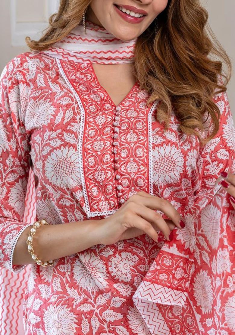 Red Printed Cotton Kurta Set - Indya