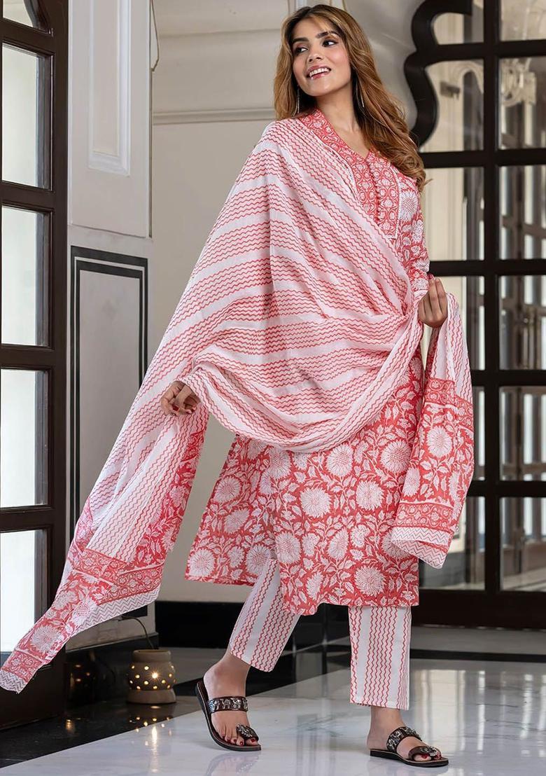 Red Printed Cotton Kurta Set - Indya