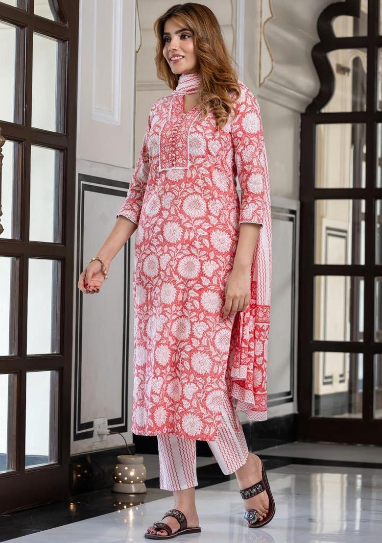 Red Printed Cotton Kurta Set - Indya