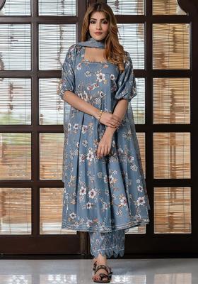 Grey Printed Cotton Anarkali Set