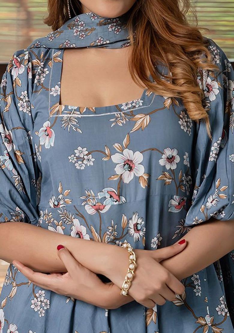 Grey Printed Cotton Anarkali Set - Indya
