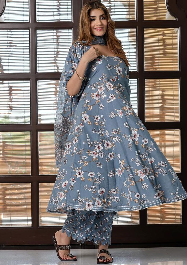 Grey Printed Cotton Anarkali Set - Indya