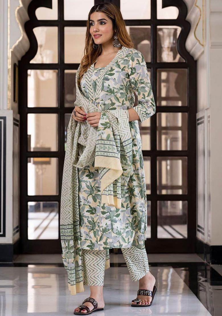 Yellow Printed Cotton Kurta Set - Indya