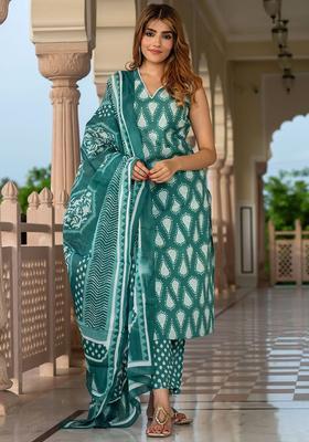Teal Printed Cotton Kurta Set