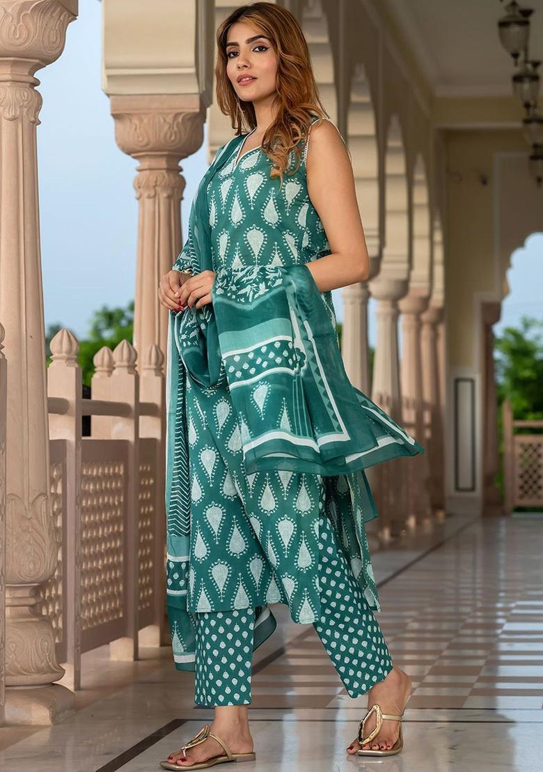 Teal Printed Cotton Kurta Set - Indya