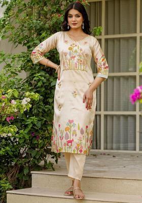Cream Embroidered Silk Kurta Set