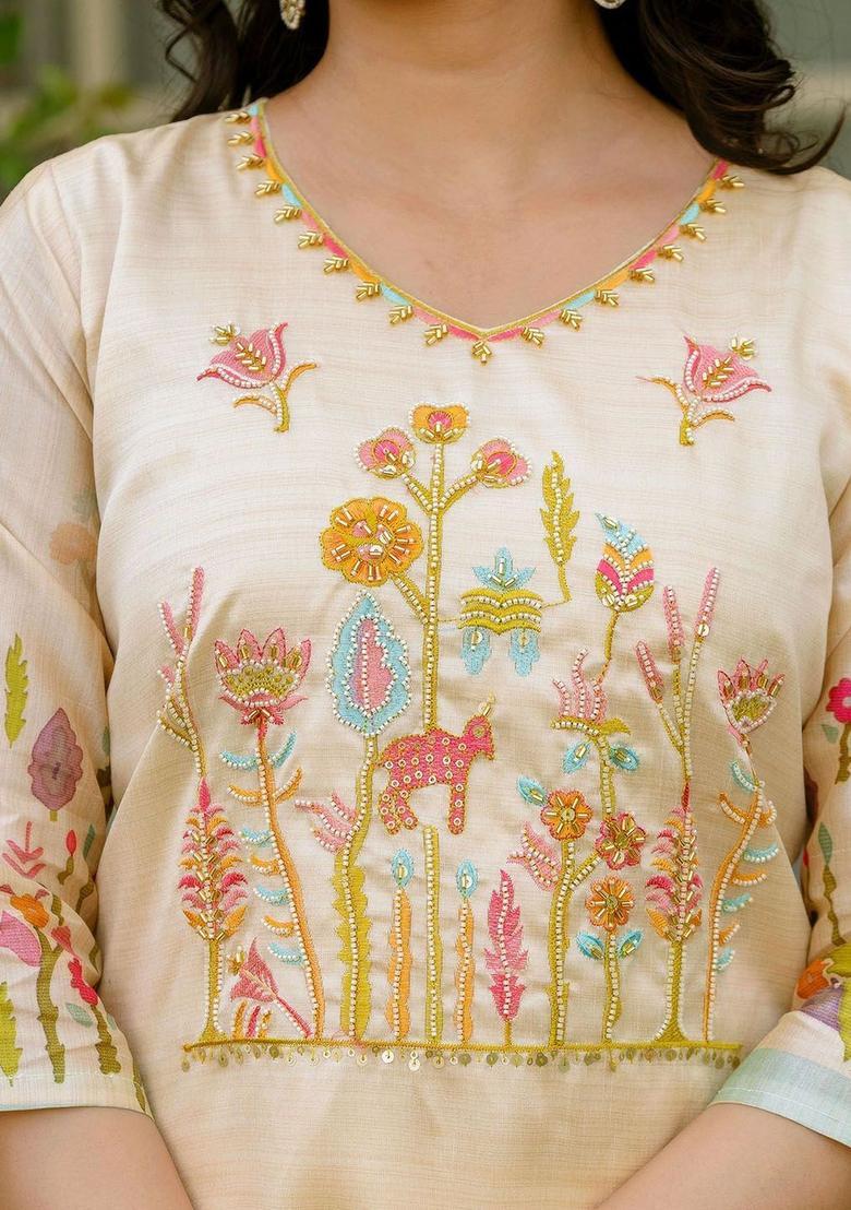 Cream Embroidered Silk Kurta Set - Indya