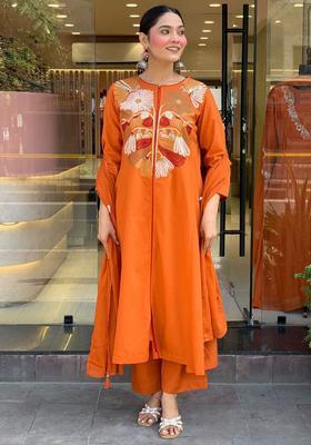 Orange Yoke Design Silk Kurta Set