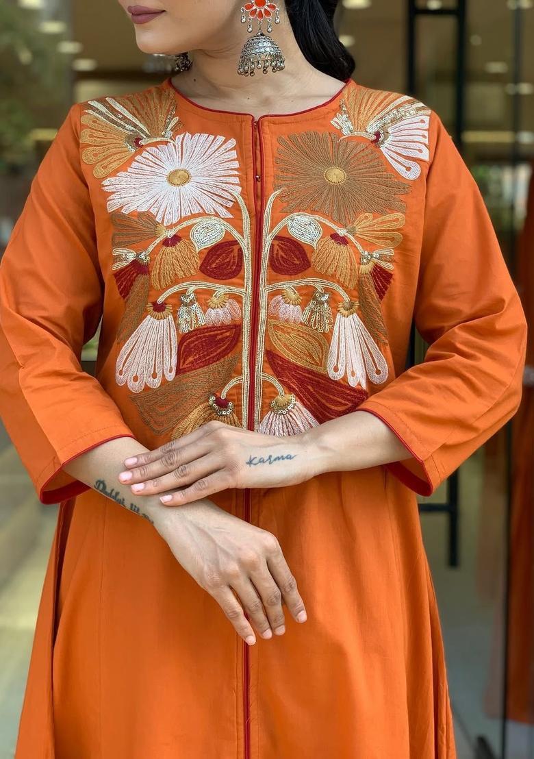Orange Yoke Design Silk Kurta Set - Indya
