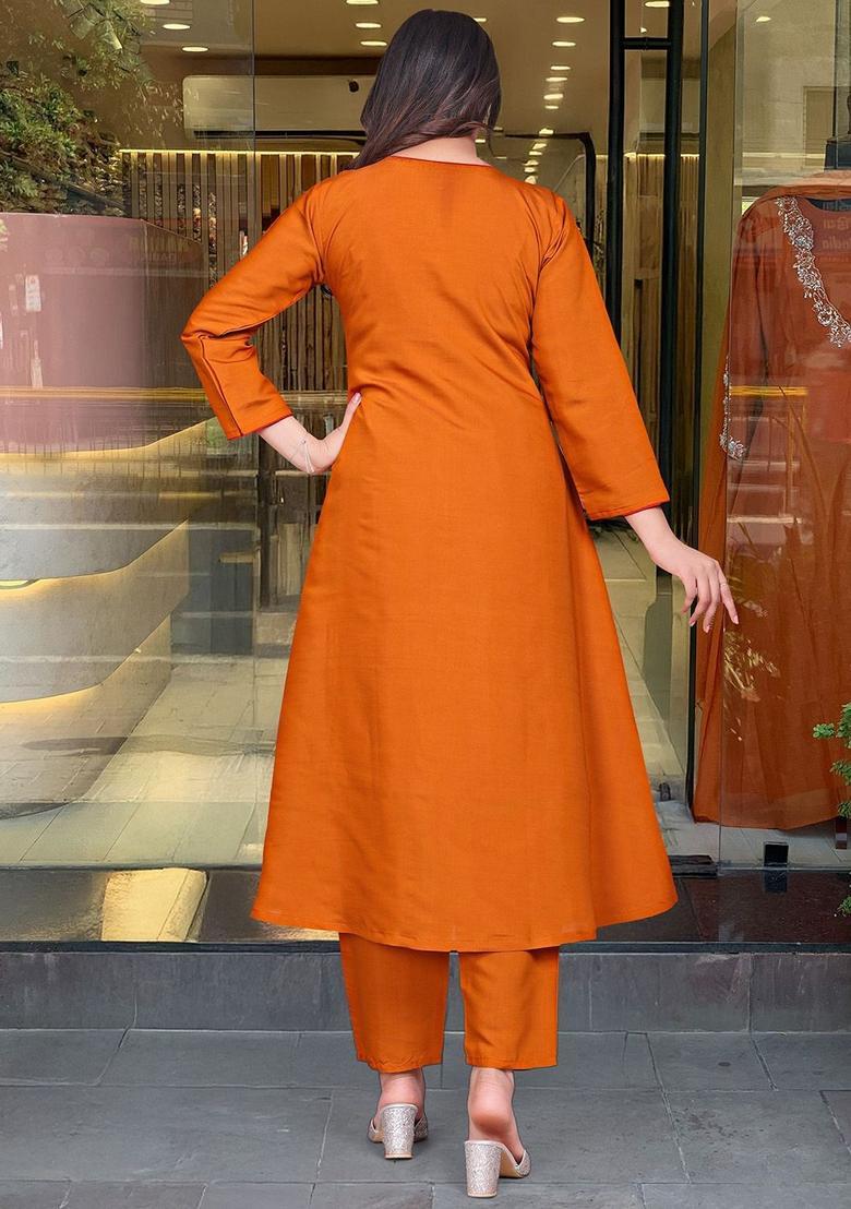 Orange Yoke Design Silk Kurta Set - Indya