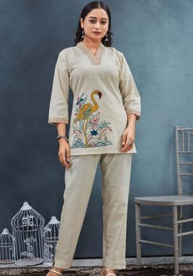 Cream Embroidered Cotton Kurta Set