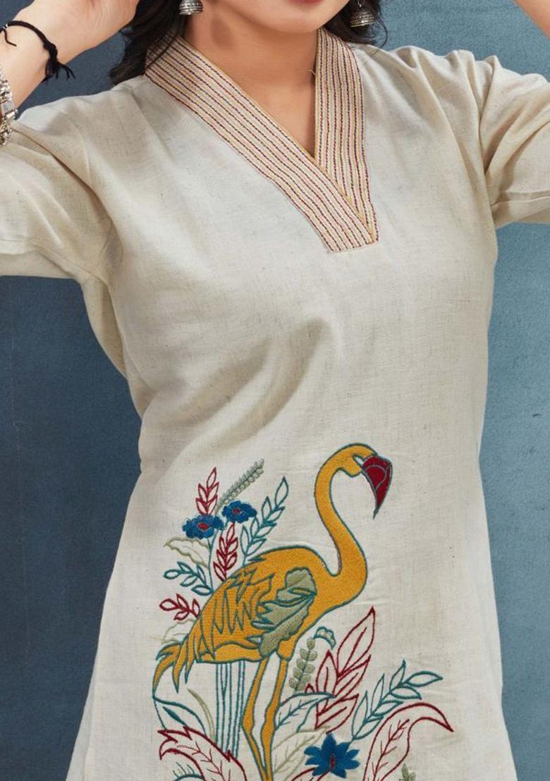 Cream Embroidered Cotton Kurta Set - Indya