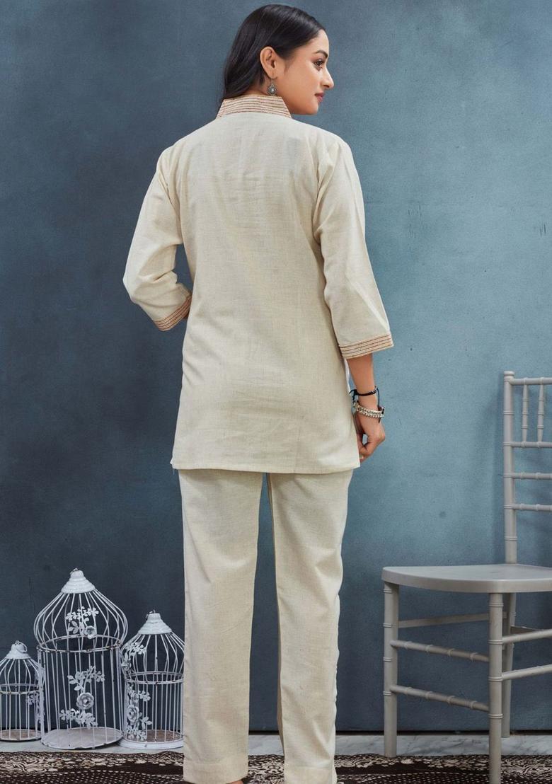 Cream Embroidered Cotton Kurta Set - Indya