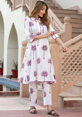 White Printed Cotton Kurta Set