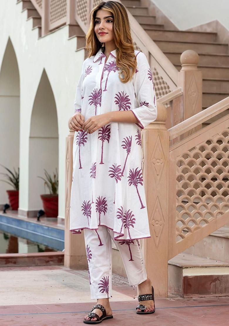 White Printed Cotton Kurta Set - Indya