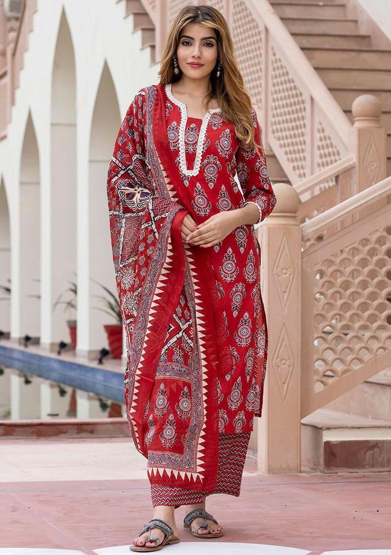 Red Printed Cotton Kurta Set - Indya