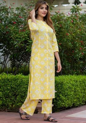 Yellow Printed Cotton Kurta Set
