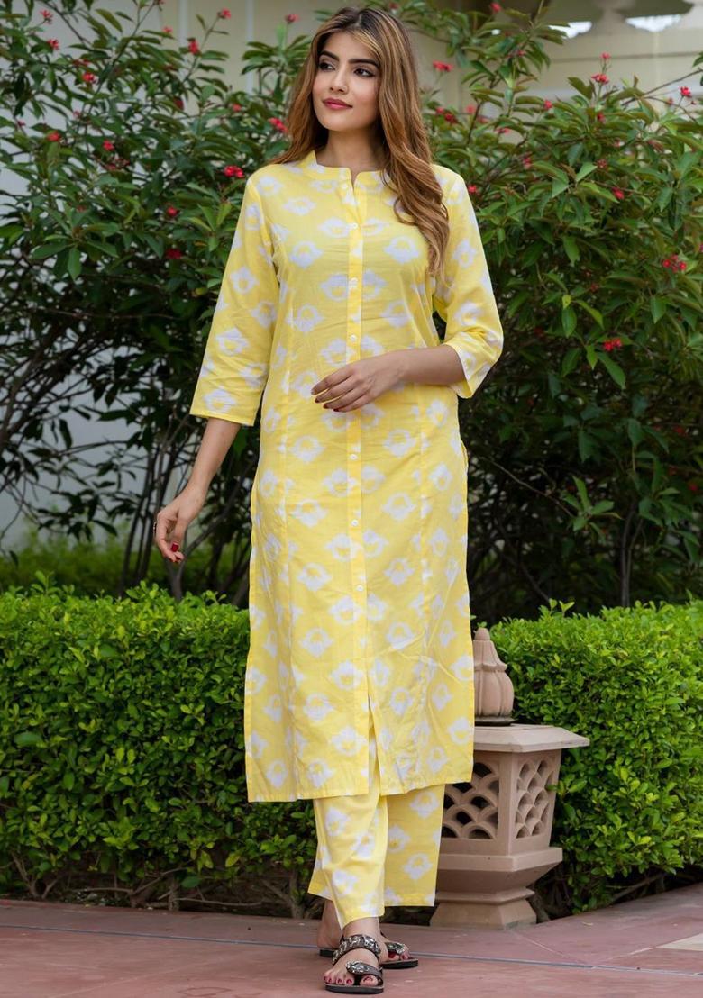 Yellow Printed Cotton Kurta Set - Indya