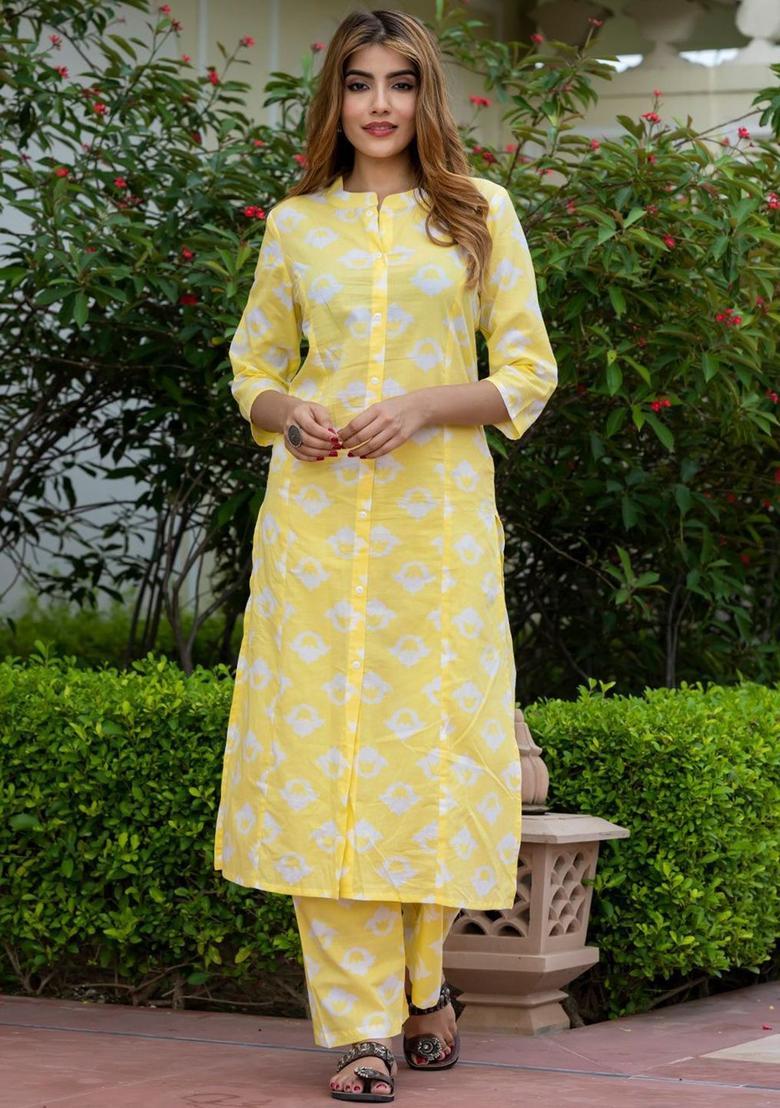 Yellow Printed Cotton Kurta Set - Indya
