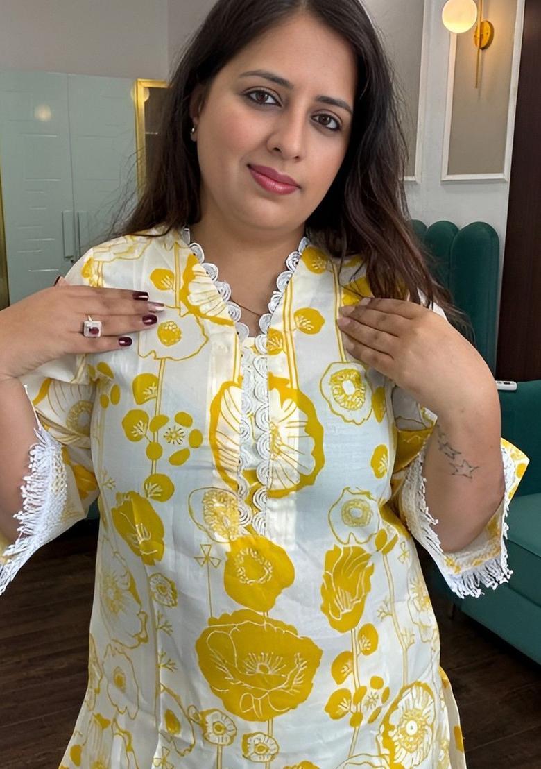 Yellow Printed Cotton Kurta Set - Indya