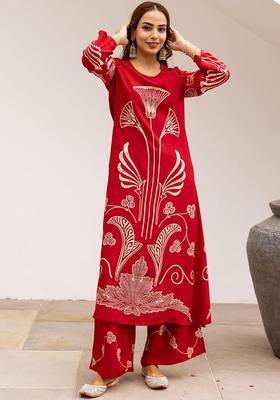 Red Printed Viscose Kurta Set