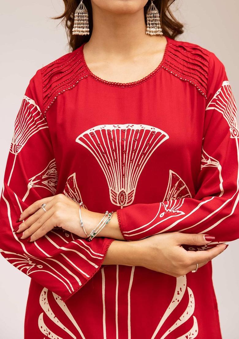 Red Printed Viscose Kurta Set - Indya