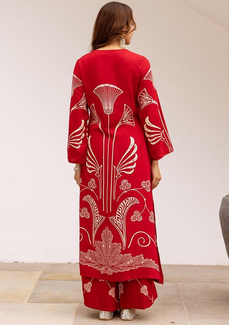 Red Printed Viscose Kurta Set - Indya