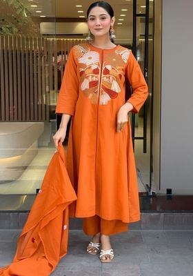 Orange Embroidered Silk Kurta Set