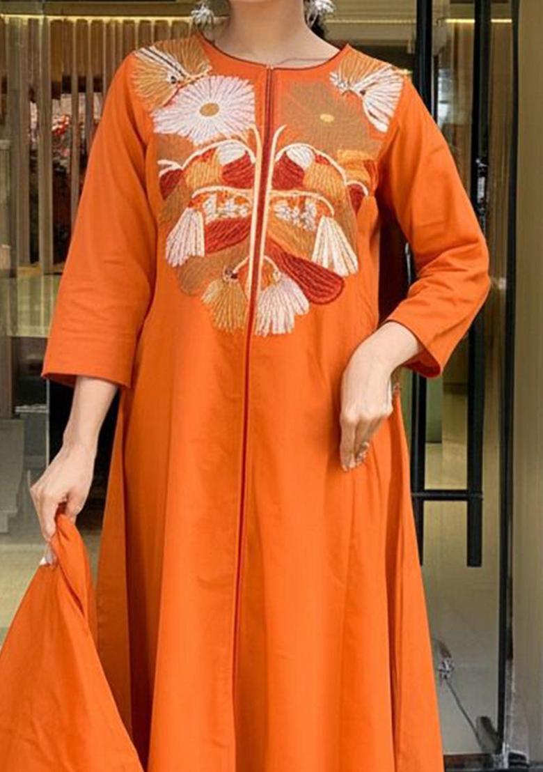 Orange Embroidered Silk Kurta Set - Indya