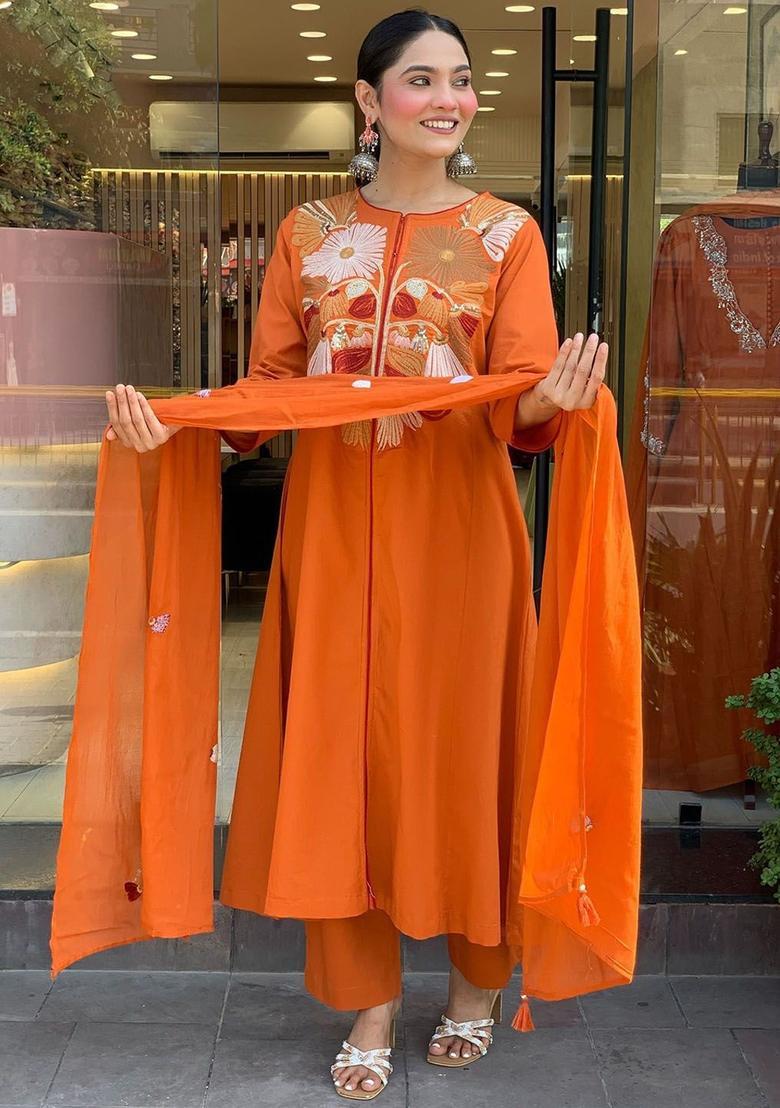 Orange Embroidered Silk Kurta Set - Indya
