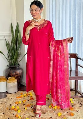Pink Embroidered Viscose Kurta Set