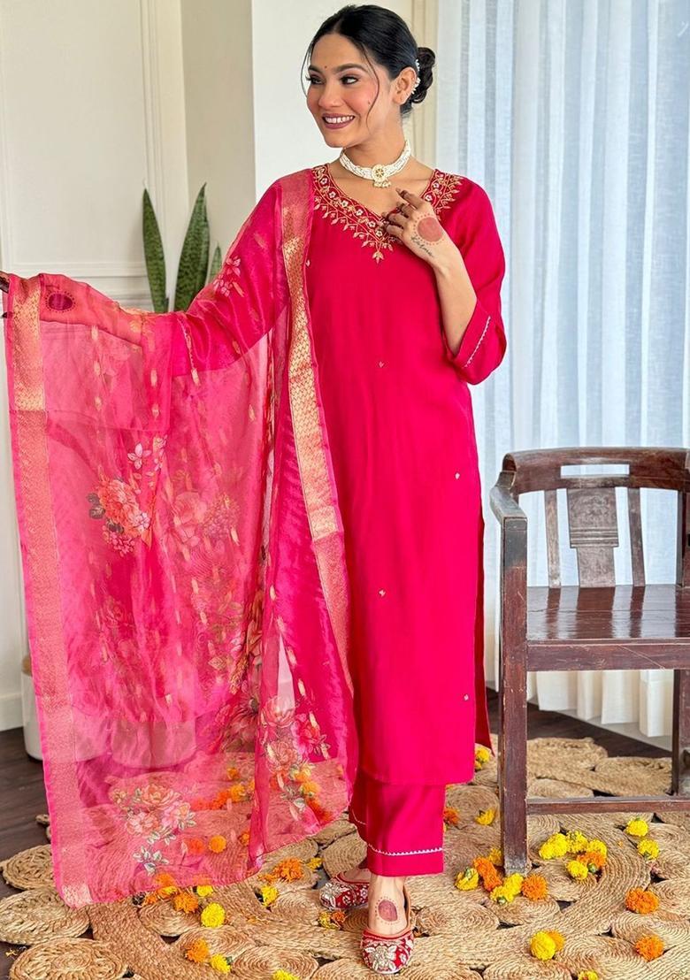 Pink Embroidered Viscose Kurta Set - Indya